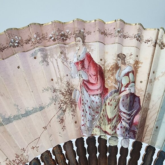 Antique Hand Painted Folding Hand Fan Elegant Ladies Design Wooden Ribs Wall Art - Picture 2 of 11